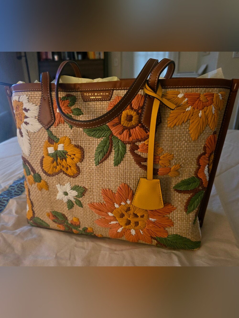 NWT Tory Burch Perry Embroidered Straw Tote Floral Leather Triple Compartment